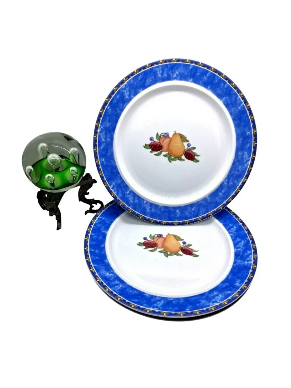 Dansk Fiance Fruits Salad Bread & Butter Plates Blue Rim Set Of 3 Porcelain 9